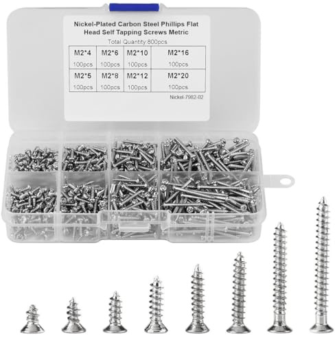 800 Piezas Tornillos Autoperforantes, Tornillos Roscachapas de Acero Inoxidable, Tornillo Phillips de cabeza Avellanada para Fijación de Chapa Metálica, M2, 4mm/5mm/6mm/8mm/10mm/12mm/16mm/20mm-Silber