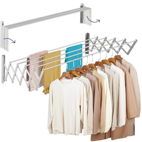 Altaudia Wandtrockner Ausziehbar 100cm Antioxidans – Unsichtbar und Klappbar mit 5 Aluminiumstangen, Ausziehbar 9.5–50 cm, Wandmontage innen Oder Außen, Einfache Montage, Sichtbar