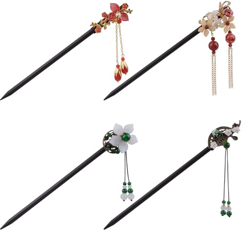 WANDIC Lot de 4 bâtons à Cheveux en Bois, fourchettes en Forme de Fleurs de Style Ancien, Pinces Plates pour Femmes, épingles à Cheveux Vintage japonaises, Baguettes Classiques pour Cheveux Longs