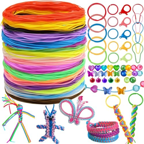 HanCheng 270 stycken Scoubidou-band pysselset med 200 Scoubidou-strängar, 50 färgade pärlor, 10 nyckelringar och 10 krokar för armband, halsband och nyckelringar