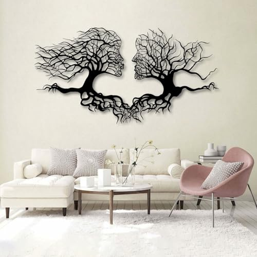Abstraktes Gesicht, Lebensbaum, Metall-Wandkunst, großer moderner abstrakter Baum, Mann-Frau-Gesicht, Metall-Wandskulptur zum Aufhängen, Dekoration für Wohnzimmer, Schlafzimmer, Büro, Esszimmer (