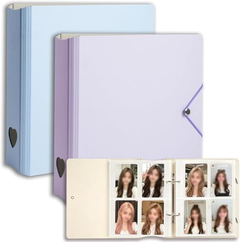 Kpop Photocard Binder 2 Pack - Holds 400 Cards, 100 Pockets per Binder (Each Pockets Holds 2 Cards), 2.5x3.5 Small Card Album Collection Book, Top-Loading Sleeves for Trading Cards, Purple & Blue