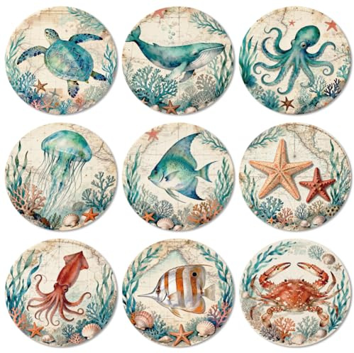 ANATTASOUL Marine Life and Corals Wood Coasters Set of 9 for Coffee Table | Home Decor,3.9 Round,Vintage,Colorful Wooden Cup Mat,Funny Desk Coasters,for Apartment,Office,Bar,Kitchen,Gifts