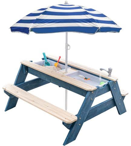 K LUCKIDS Kids - Table d'activités 3 en 1 en bois - Table de pique-nique convertible avec parapluie - 2 boîtes de jeu - Dessus amovible - Table de robinet d'extérieur - Bleu marine