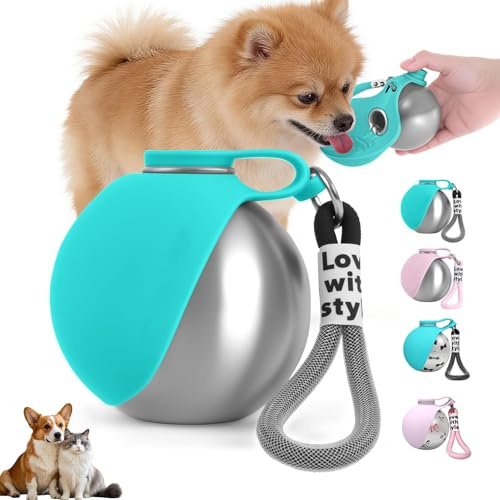 Trinkflasche Hunde für Unterwegs, Hundetrinkflasche für Unterwegs mit Silikonnapf, 285ML Edelstahl Auslaufsichere Hunde Trinkflasche für Katzen&Hunde Spaziergänge und Wanderungen (Blau A)