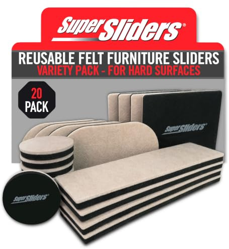 Super Sliders Variety Pack of 20 Assorted Size Reusable Felt Furniture Sliders for Hard Surfaces, Anti-Slip Protective Furniture Moving Pads for Beds, Sofas, Dressers, Beige