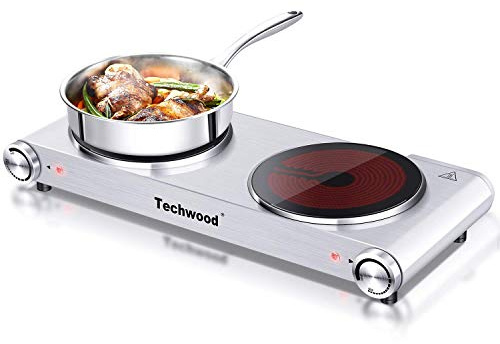 Hot Plate, Techwood 1800W Dual Electric Stoves, Countertop Stove Double Burner for Cooking, Infrared Ceramic Hot Plates Double Cooktop, Silver, Brushed Stainless Steel Easy to Clean Upgraded Version