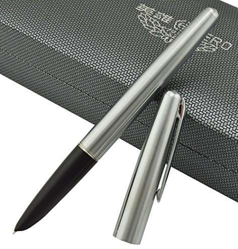 Hero 100 Fountain Pen 14K Fine Nib, Steel Hooded, Silver Barrel and Cap, Luxury Gift Case Pen Set for Business Signature and Collection