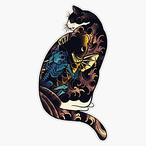 Antique Japanese Woodblock Print Cat with Flower, Skull and Fish Tattoos Sticker Outdoor Rated Vinyl Sticker Decal for Windows, Bumpers, Laptops or Crafts 5