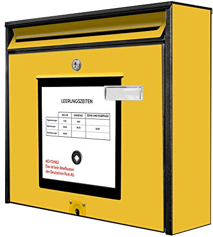 banjado Burg-Wächter Briefkasten mit Motiv Post Gelb - Briefkasten ohne Zeitungsfach 32x36x10 cm groß mit Namensschild A4 Einwurf inkl. Montagematerial & 2 Schlüsseln