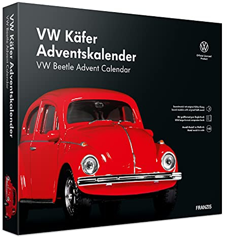 FRANZIS 55255 - VW Käfer Adventskalender rot, Metall Modellbausatz im Maßstab 1:43, inkl. Soundmodul und 52-seitigem Begleitbuch