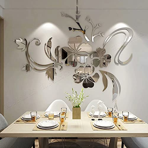 Wall Stickers Flower Mirror - 3D Wall Art for Living Room Family Decals Home Decorations for Office Sofa Bedroom (Silvery S:35 * 47 Inch)