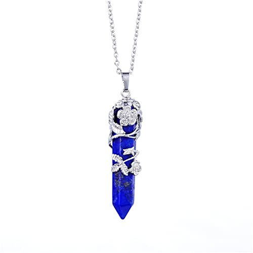 Natursten Rosa Kristall Lapis Lazuli hänge Halsband för kvinnor Smycken Dam Metall blomma Wire Wrap Chain Halsband,lapis lazuli