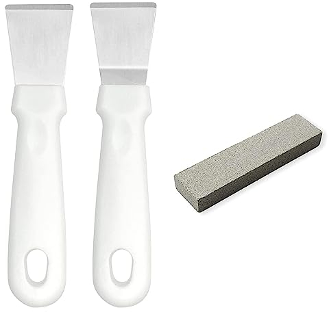 2Pcs Cleaning Scraper for Ovens, Stoves, Induction Hob,Freezer Stainless Steel Multi Kitchen Scraper with Grindstone (Straight Version + Bending Version) (White)
