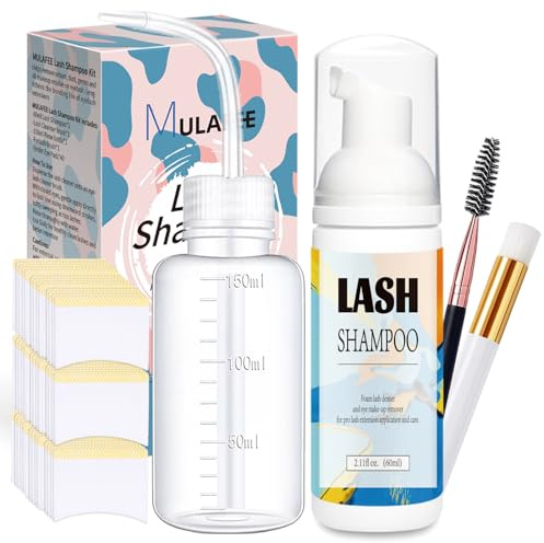 MULAFEE Wimpernverlängerungs-Reiniger, Wimpernverlängerungs-Shampoo-Set, Öle, Parabene und Sulfatfrei, schäumendes 60 ml Wimpern-Shampoo mit Spülflasche und weicher Bürste, sicher für den Salon und