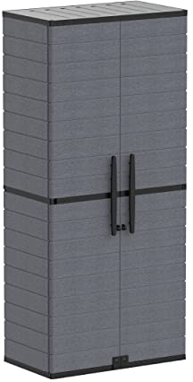Duramax Cedargrain Tall Plastic Vertical Storage Cabinet, 2 Door Cabinet with 4 Shelves, Garden Storage Cupboard, Outdoor Lockable Cabinet, Water Resistant Short Cupboard, Garden Storage Unit, Grey