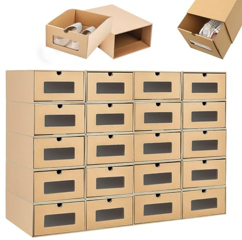 Youyijia 20PCS Shoe Storage Boxes Cardboard Shoe Boxes with Lids 33.5x23x13cm Shoe Organizer Containers Stackable Drawer Foldable Shoebox with Visible for Shoes File Dress or Toys