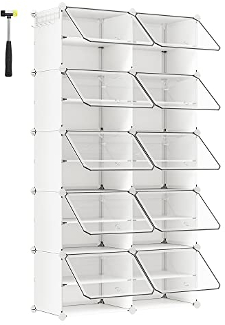 SONGMICS Schuhregal, Schuhschrank mit 10 Fächern, für Garrobe und Eingangsbereich, für bis zu 40 Paar Schuhe, anpassbar, wolkenweiß-transparent LPC035W01