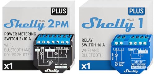 Shelly Plus 2PM Smart Home Doppel Relais Schalter, Schwarz & Plus 1 Smart Home Relais Schalter, Digitale Steuerung von elektronischen Geräten per kostenloser App & WLAN
