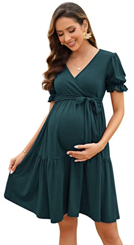 KOJOOIN Abito Premaman da Donna Abito da Allattamento con Scollo A V Elegante Abito Premaman con Maniche A Sbuffo con Volant Verde Militare (Manica Corta) L