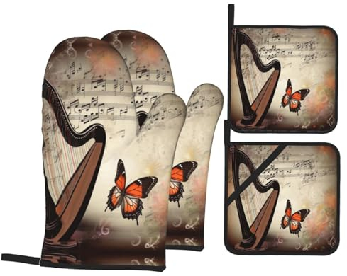 Musik Hintergrund mit Harfe und Schmetterling Ofenhandschuhe Topflappen Set von 4 Ofenhandschuhe für Küche Wasserdicht Topflappen Hitzebeständige Ofen Hot Pads zum Grillen Kochen Backen
