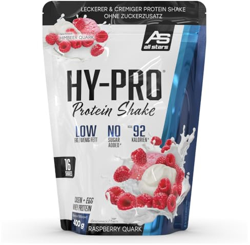 ALL STARS Hy-Pro 4-Komponenten Protein Pulver 400g Himbeer-Quark | Proteinpulver ohne Zuckerzusatz, Cremiger Shake mit 30,6g Eiweiß pro Portion, 4 hochwertige Proteinkomponenten fürs Training