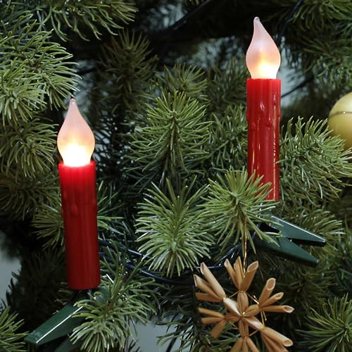 hellum 20er Lichterkette innen rot LED-Filament Wachstropfen Flammeneffekt | Made in Germany warmweiß, Weihnachtsbeleuchtung mit Clip, 13,30m beleuchtet, Kabel grün, teilbarer Stecker <59lm 815078