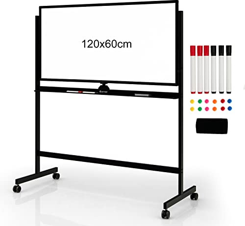 COSTWAY Doppelseitiges mobiles Whiteboard, 120 x 60 cm, Schwarz | mit Ständer & Rollen, trocken abwischbar, verstellbare Weißtafel inkl. Zubehör für Zuhause, Büro und Schule