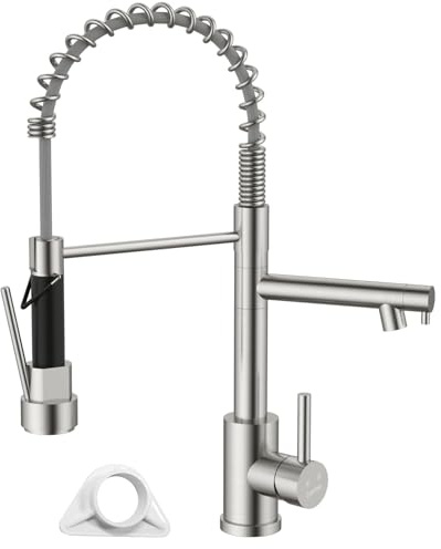 DAYONE 360° Swivel Pull Down Kitchen Sink Tap with Two Spouts, SUS304 Stainless Steel Commercial Kitchen Faucet, Brushed