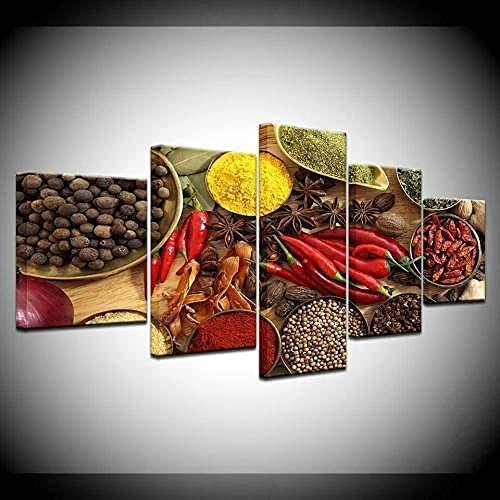 Poster,5 Teilig Leinwanddrucke Leinwand Stück Kunstdruck Modern Wand Aufhängen Home Dekoration Moderne Gemälde Hd Panel Körner Gewürze Chili Essen (M/Ohne Rahmen 100 X 50 Cm) Wohnzimmer Schl -6J9W+Z3H