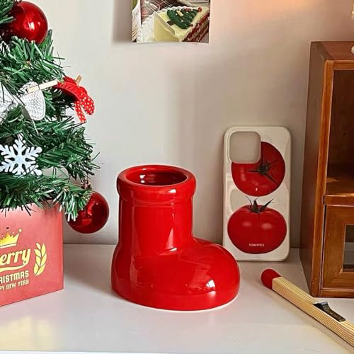 Blumenvase, Keramik, niedliche Vase für Blumen, Tischdekoration (rot, hoch, 12 cm)