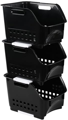 Uumitty Stapelkörbe, Gemüseregal, Kunststoff, stapelbar, 3 Stück, Schwarz