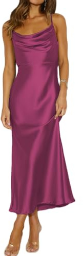 Mogidol, Abito Estivo in Raso con Spalline Sottili, Scollo a Cappuccio e Schiena Scoperta, Elegante Abito da Cocktail con Arricciatura sulla Schiena e Lacci, Fucsia, S