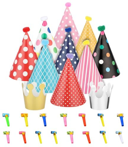 VYIBPDY 26 Pezzi,Cappellini Festa Compleanno,Cappellini festa compleanno bambini, in Carta con Corona Cono Colorati Fischietti, per Bambini e Adulti Decorazione,cappellini compleanno