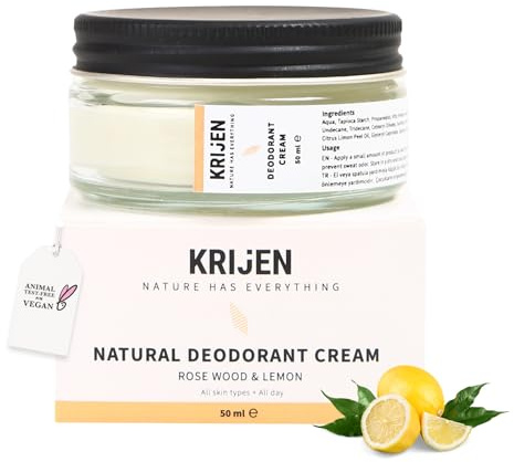 Krijen Déodorant crème au bois de rose et au citron 50 ml | Sans aluminium et végétalien | Contre les odeurs de transpiration et la décoloration | Doux pour la peau et sans résidus | Pour homme et