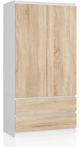 BDW Kleiderschränk 2 Türen, 4 Einlegeböden, Kleiderständer, 2 Schubladen, Garderobenständer, Schubladenschrank, Garderobenschrank für Schlafzimmer, Wohnräume, 180x90x51cm, (Weiß/Eiche Sonoma)