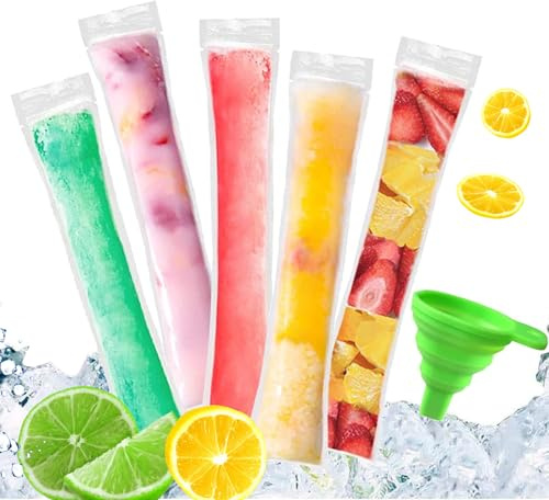 100 Pcs Bolsas para Helados, Bolsas de Popsicle, Bolsas para Moldes de Helado, Bolsas Paleta Hielo, con 1 Embudo, für DIY Yogur, Jugo, Helado