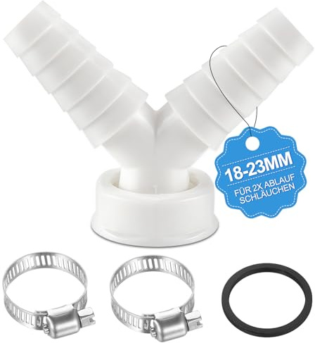 Geschirrspüler waschmaschine abfluss adapter Doppelanschluss Y 1 zoll, Waschmaschinenanschluss Adapter für Rohr Ø40 mm, Eingang Ø19-23 mm mit Schlauchschelle für Geschirrspüler Trockner (1 zoll)