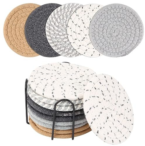 Booso 10 Posavasos con Soporte, 10 Posavasos de Vidrio Redondos de Algodón, Decoración de Mesa, Posavasos de Fieltro para Bebidas, Bares, Tazas, Vidrio
