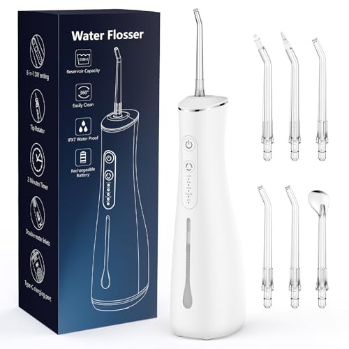 Potente idropulsore orale Elettrico Pulitore Denti 4 Modalità 4 Ugelli Irrigatore Senza Fili IPX7 Impermeabile (Bianco)