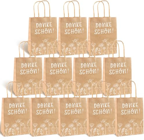TUZELIYA 12 Stück Dankeschön Geschenktüten mit Henkel - Papiertragetaschen Geschenkverpackung Mitgebsel Tüten Mitgebseltüten Geschenktüten für Party Geschenk Hochzeit Geburtstag 15x8x21cm