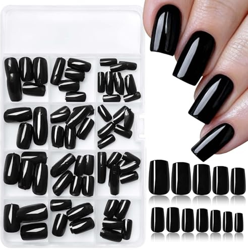 Auroriel 240 Pieces Black Press on Nails Medium Square Artificial Nails Full Cover Glossy False Nails Set for Women Girls Manicure Decoration Reusable