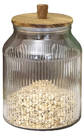 Darthome Ribbed Glass Storage Jar With Acacia Wood Lid 3.1L Kitchen Food Canisters (1)