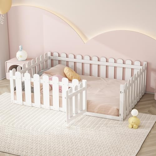 odikalo Lit Enfant au Sol 140x200cm, Montessori Lit barrières pour Enfant avec Protection, à l'exclusion du Matelas, Blanc