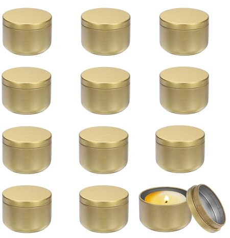 QUARKZMAN Latas De Vela De 3 Onzas 12 Piezas Latas De Metal Para Velas Con Tapa Recipientes Redondos Vacíos A Granel Para Almacenar Té Y Hacer Artesanías Tonos Dorados | Para Velas, Recipientes Redondos Vacíos A Granel, Con Tapa, Para Almacenar Té Y Hacer Artesanías