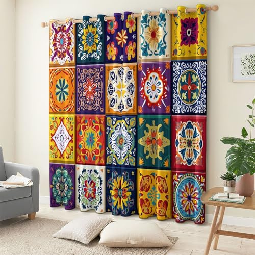 Farbe Verdunkelungsvorhang Mexikanische Fliesenmuster 160 x 70 cm Vorhänge mit Ösen 2er Set Waschbarer Blickdichte Thermo Vorhänge für Kinderzimmer Mädchen Jungen,