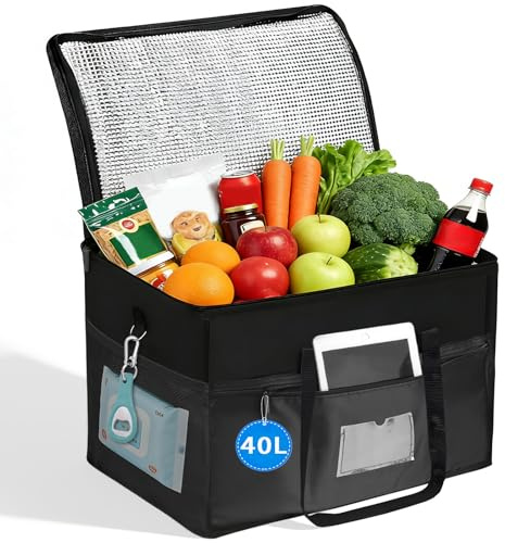 YINKIGI 40 L Large Cooler Bag, Insulated Soft Cool Bag, Reusable Foldable Thermal Food Delivery Bags with Padded Handles - for Picnic, Beach, Travel, Camping, BBQ & Grocery Food Shopping