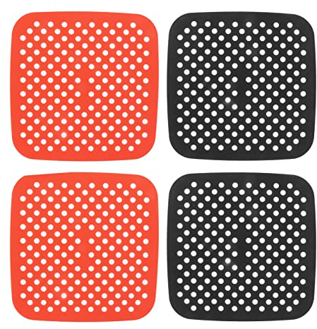 Fictory Tapis Silicone Friteuse à Air Réutilisable 4 Pcs 21cm, Doublure Antiadhésive Perforée Résistant Chaleur pour Four Panier Vapeur Rouge Noir