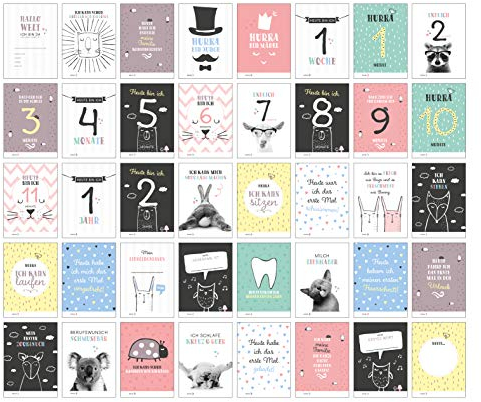 40 Baby Meilenstein-Karten für das 1. Lebensjahr für Mädchen und Junge. Baby Milestone Cards deutsch, zur Erinnerung der Entwicklung der ersten ... ... Geburt, Schwangerschaft, Taufe oder Baby Show