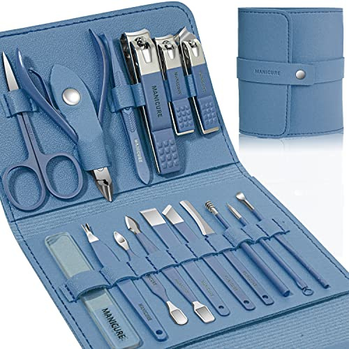Manikyrset professionell nagelklippare pedikyrkit, 16 st rostfritt stål nagelvårdsverktyg groomingkit med lyxigt reseläderfodral för tjocka naglar män kvinnor gåva (blå)